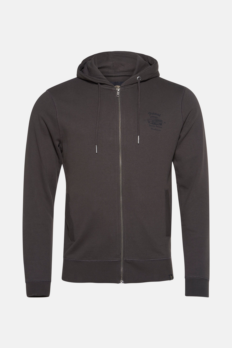 Grijze bodywarmer van Petrol Industries® met capuchon met trekkoord en ritssluiting middenvoor.
