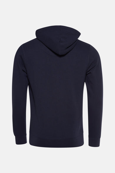 Blauwe hoodie van Petrol Industries, achteraanzicht, met een gevoerde capuchon en lange mouwen.