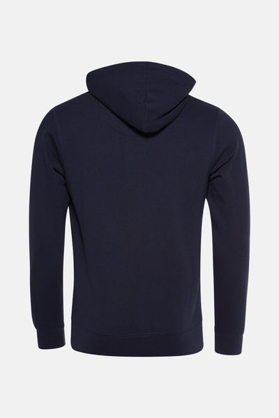 Blauwe hoodie van Petrol Industries, achteraanzicht, met een gevoerde capuchon en lange mouwen.