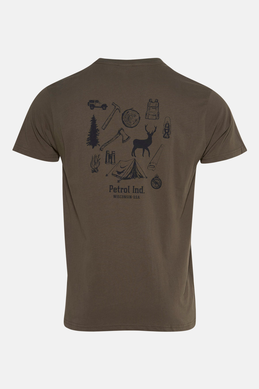 T-shirt à manches courtes vert de Petrol Industries, motif imprimé au dos sur le thème du camping.
