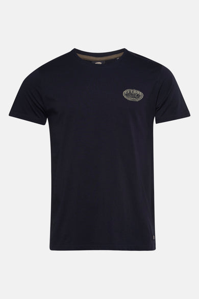 T-shirt bleu à manches courtes de Petrol Industries, avec un motif ovale imprimé sur la poitrine.