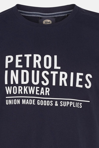 Blauw T-shirt met korte mouwen van Petrol Industries®, met witte opdruk en kraag met patroon.