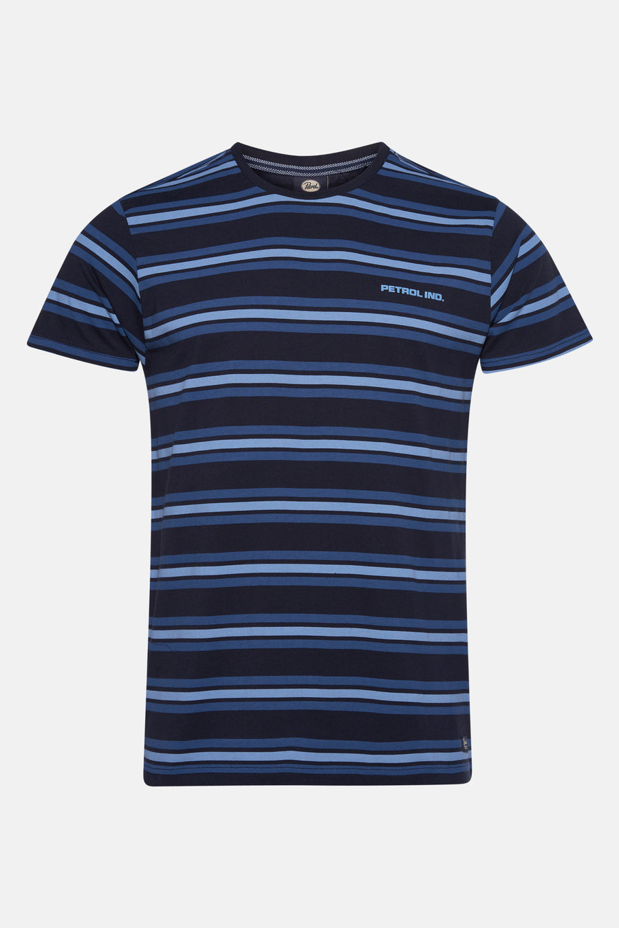 Blauw T-shirt met korte mouwen van Petrol Industries, met horizontale strepen in verschillende blauwtinten.