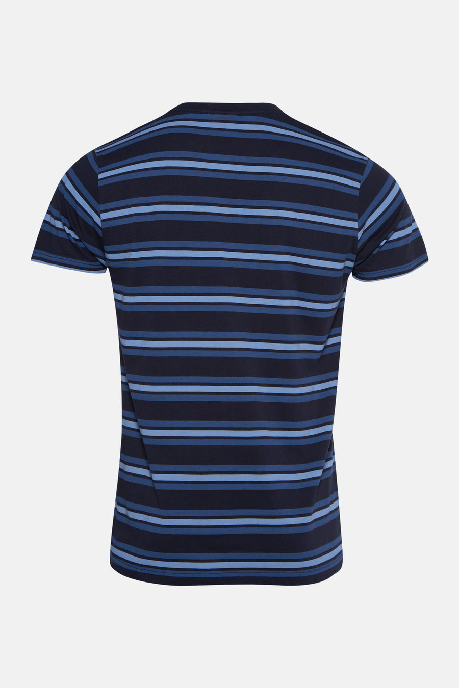 Blauw T-shirt met korte mouwen van Petrol Industries® met een patroon van horizontale strepen in verschillende blauwtinten.