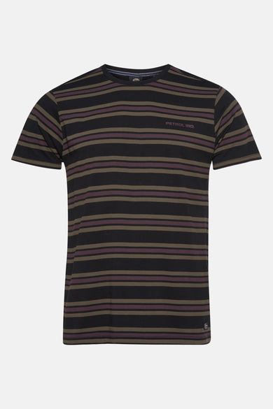 Zwart T-shirt met korte mouwen van Petrol Industries®, met bruine en bordeauxrode strepen.