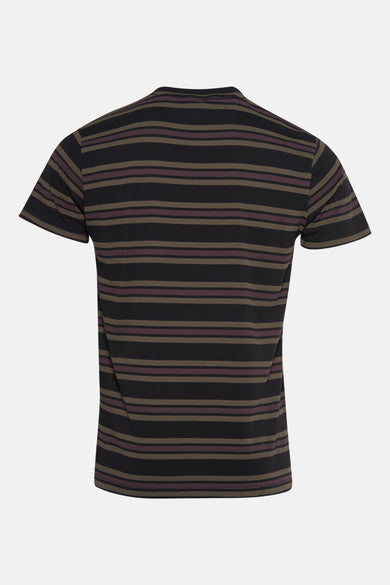 Zwart T-shirt met korte mouwen van Petrol Industries, met een bruin en bordeaux gestreept patroon, achterkant.