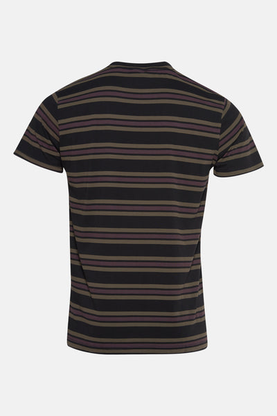 Zwart T-shirt met korte mouwen van Petrol Industries, met een bruin en bordeaux gestreept patroon, achterkant.