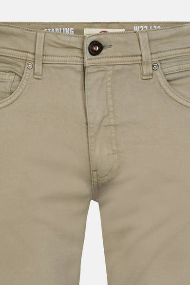 Khaki men's 5-pocket seasonal pants by Petrol Industries, front close-up with black button and visible stitching details