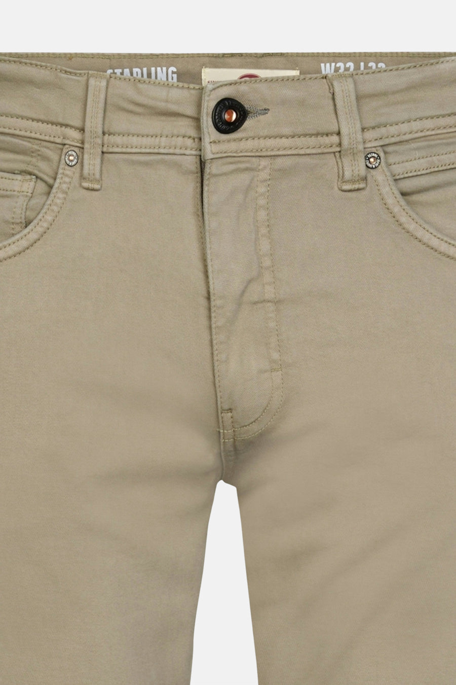 Khaki men's 5-pocket seasonal pants by Petrol Industries, front close-up with black button and visible stitching details