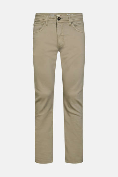 Khaki men's five-pocket seasonal trousers by Petrol Industries, slim fit, front view, cotton blend material, clean stitching, belt loops, button fly