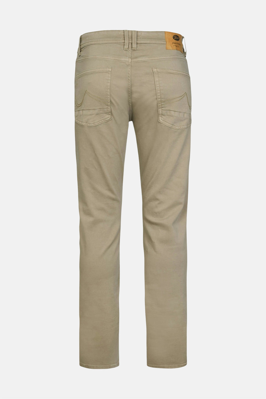Khaki men's 5-pocket seasonal pants by Petrol Industries, back view with stitched pockets and branded leather patch.
