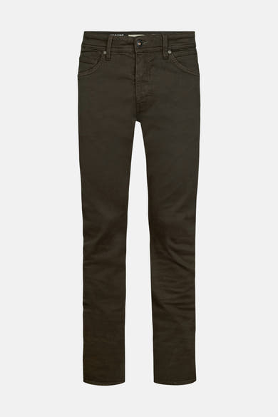 Brown five-pocket men's seasonal pants by Petrol Industries, slim fit with clean stitching and front button closure, front view.