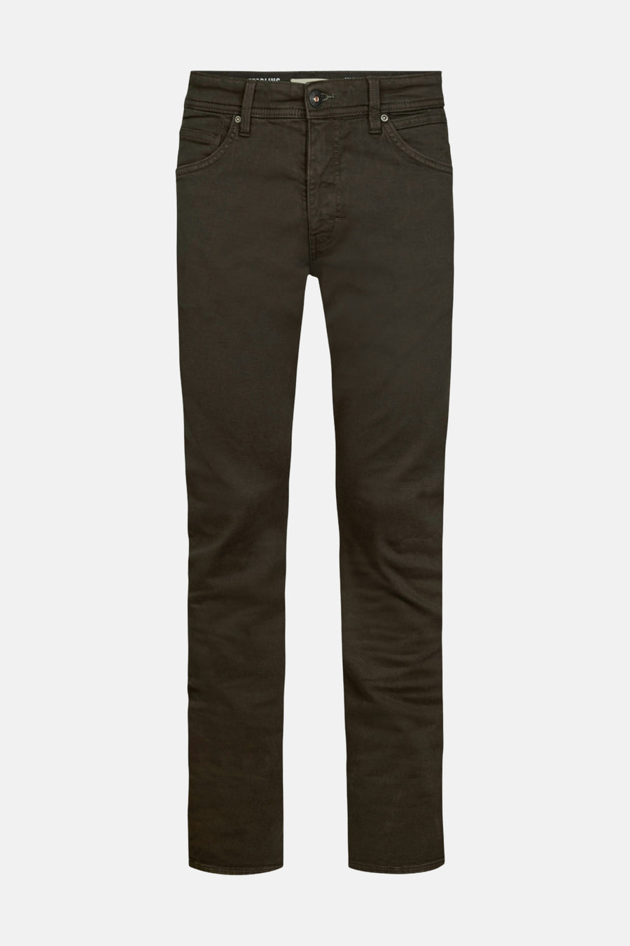Brown five-pocket men's seasonal pants by Petrol Industries, slim fit with clean stitching and front button closure, front view.
