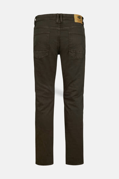 Brown five-pocket men's seasonal pants by Petrol Industries, back view, slim fit with visible stitching and leather brand patch.