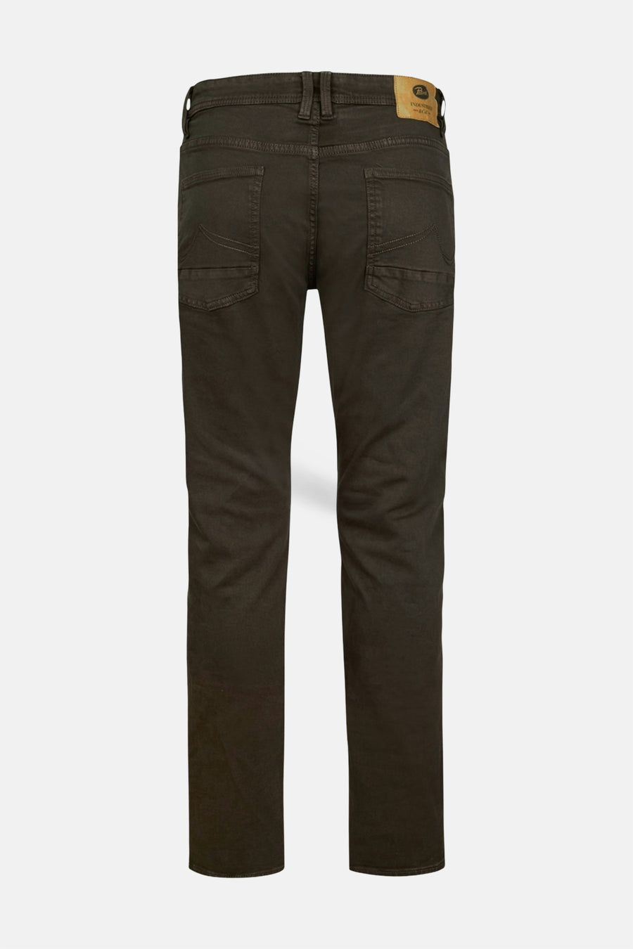 Brown five-pocket men's seasonal pants by Petrol Industries, back view, slim fit with visible stitching and leather brand patch.