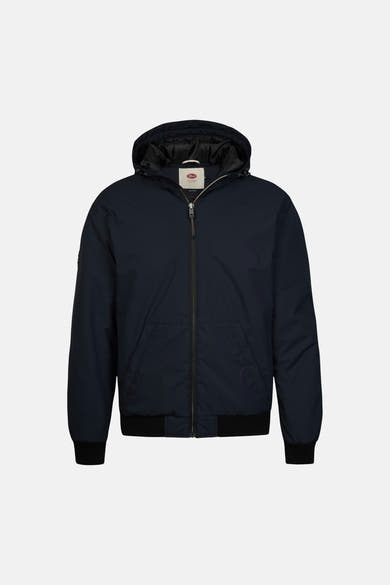 Navy blue short hooded jacket by Fred Perry with front zipper, ribbed cuffs and hem, and visible brand tag at collar.