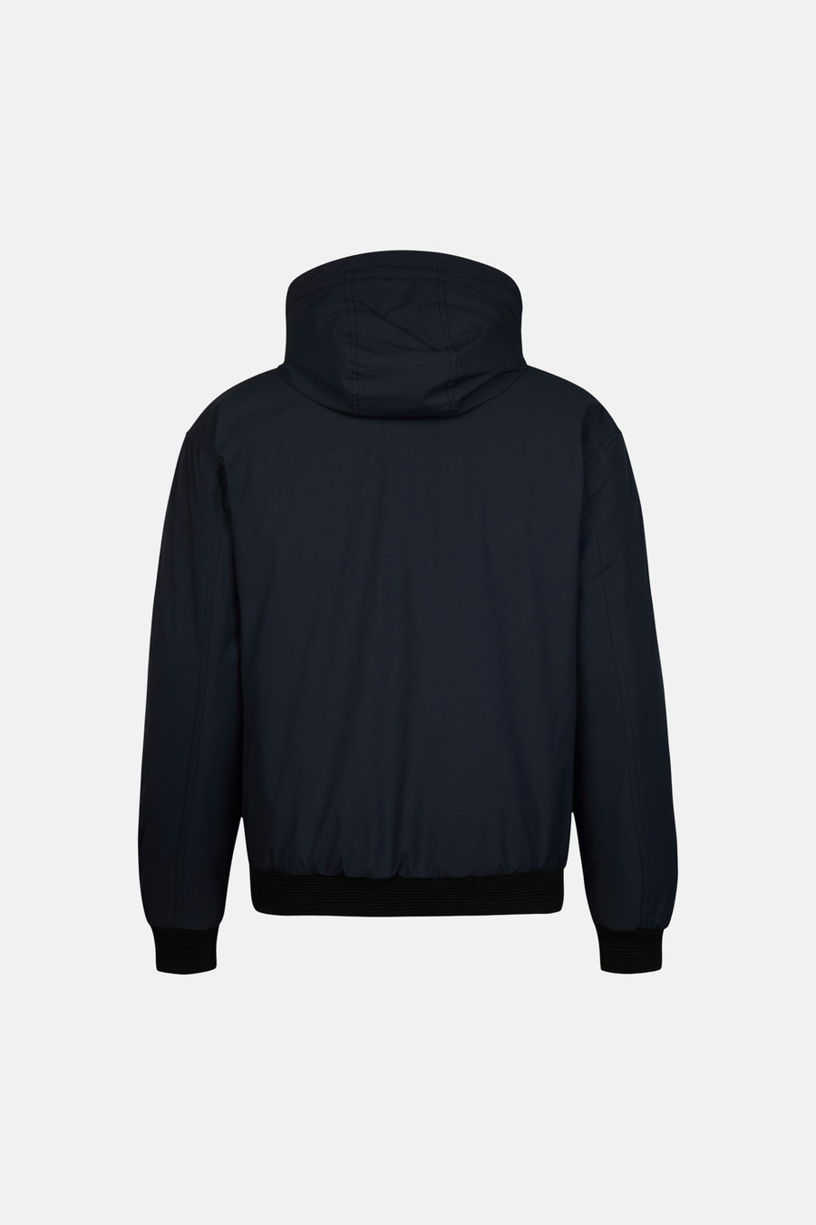 Navy blue short jacket with hood and ribbed cuffs, back view, smooth matte fabric finish