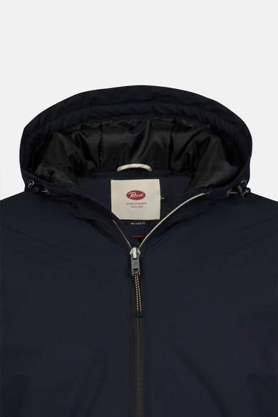 Navy blue short vest by Petrol Industries with hood, front zipper, and black satin lining, close-up view