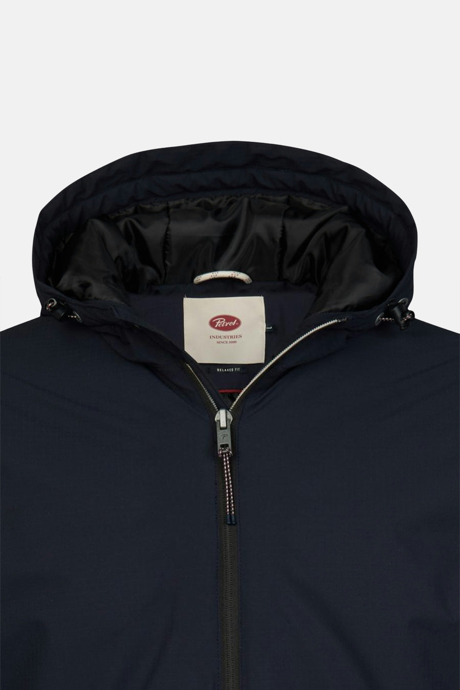 Navy blue short vest by Petrol Industries with hood, front zipper, and black satin lining, close-up view