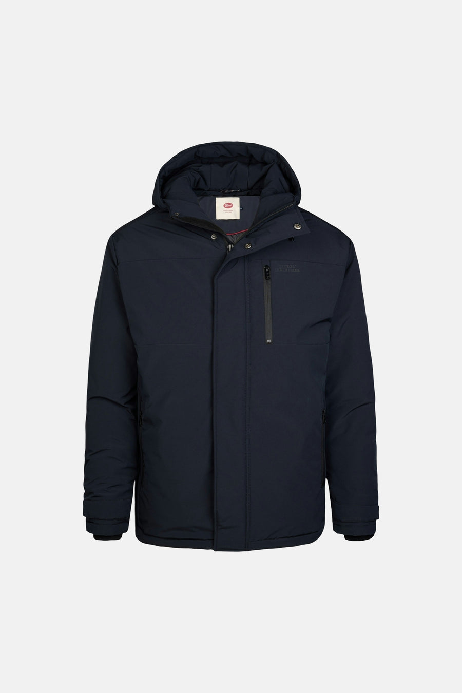Navy long coat with hood and front zipper by Petrol Industries, featuring side pockets and ribbed cuffs, front view