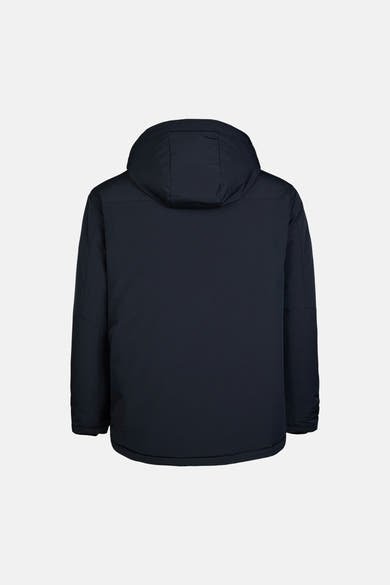 Black long puffer coat with hood, back view, smooth matte finish, structured shoulders, and slim fit silhouette