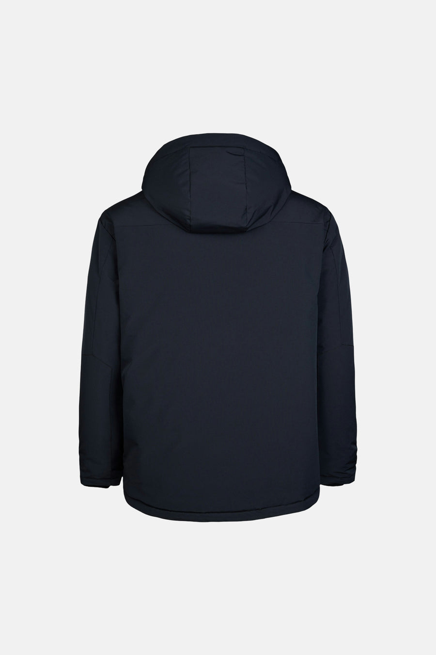 Black long puffer coat with hood, back view, smooth matte finish, structured shoulders, and slim fit silhouette