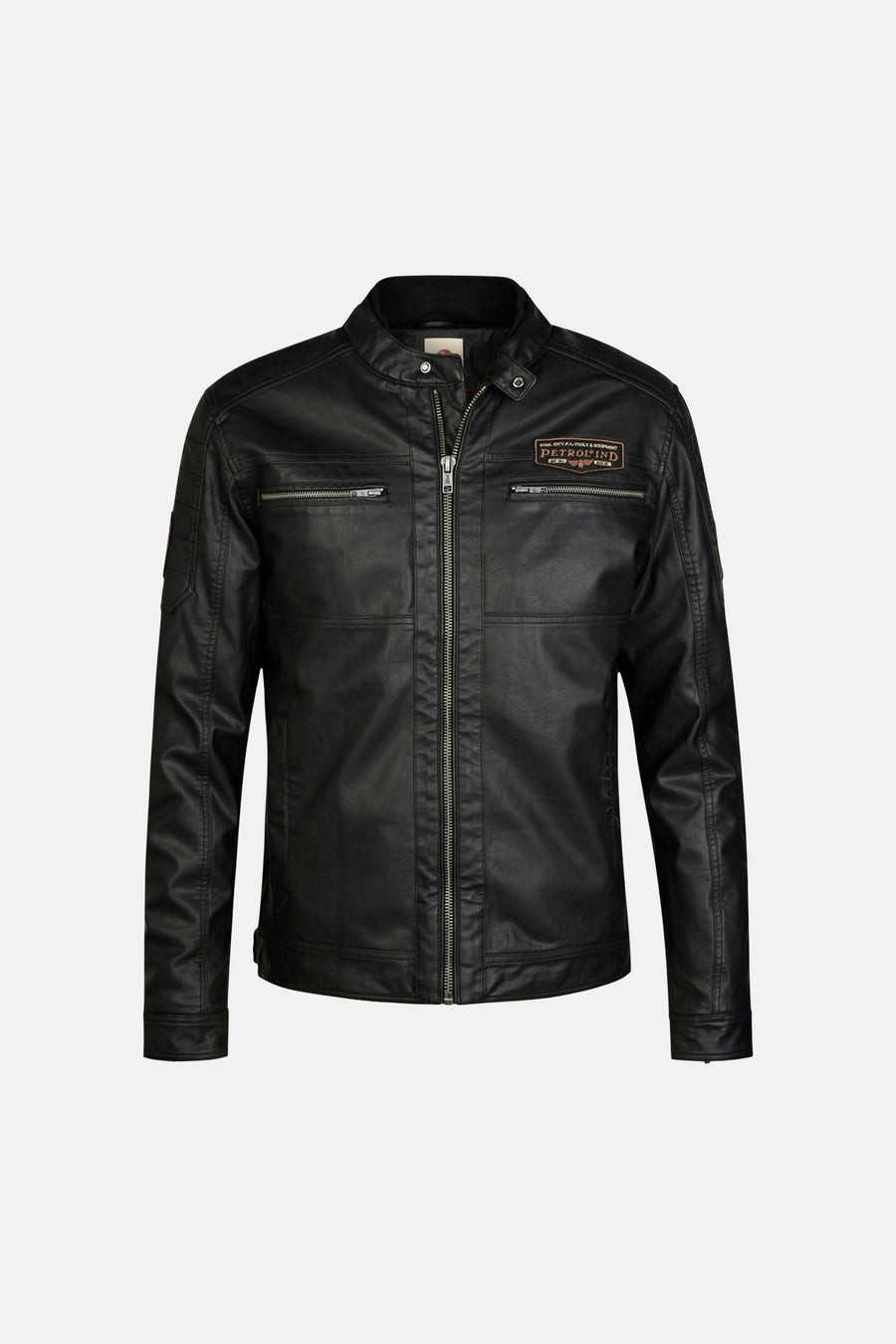 Black denim vest by Petrolind with front zipper, two chest zipped pockets, and branded patch on left chest, shown in front view.