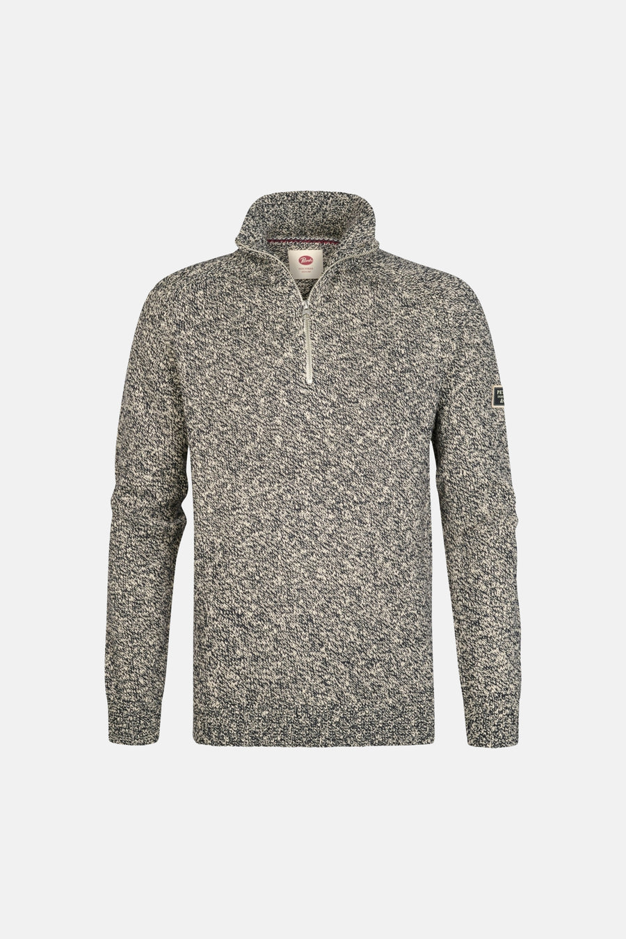 Blue marled knit half-zip sweater by Fjällräven, featuring ribbed collar and sleeve patch, front view