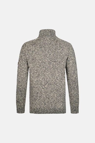 Grey marled turtleneck sweater with ribbed collar and cuffs, back view, small patch on sleeve