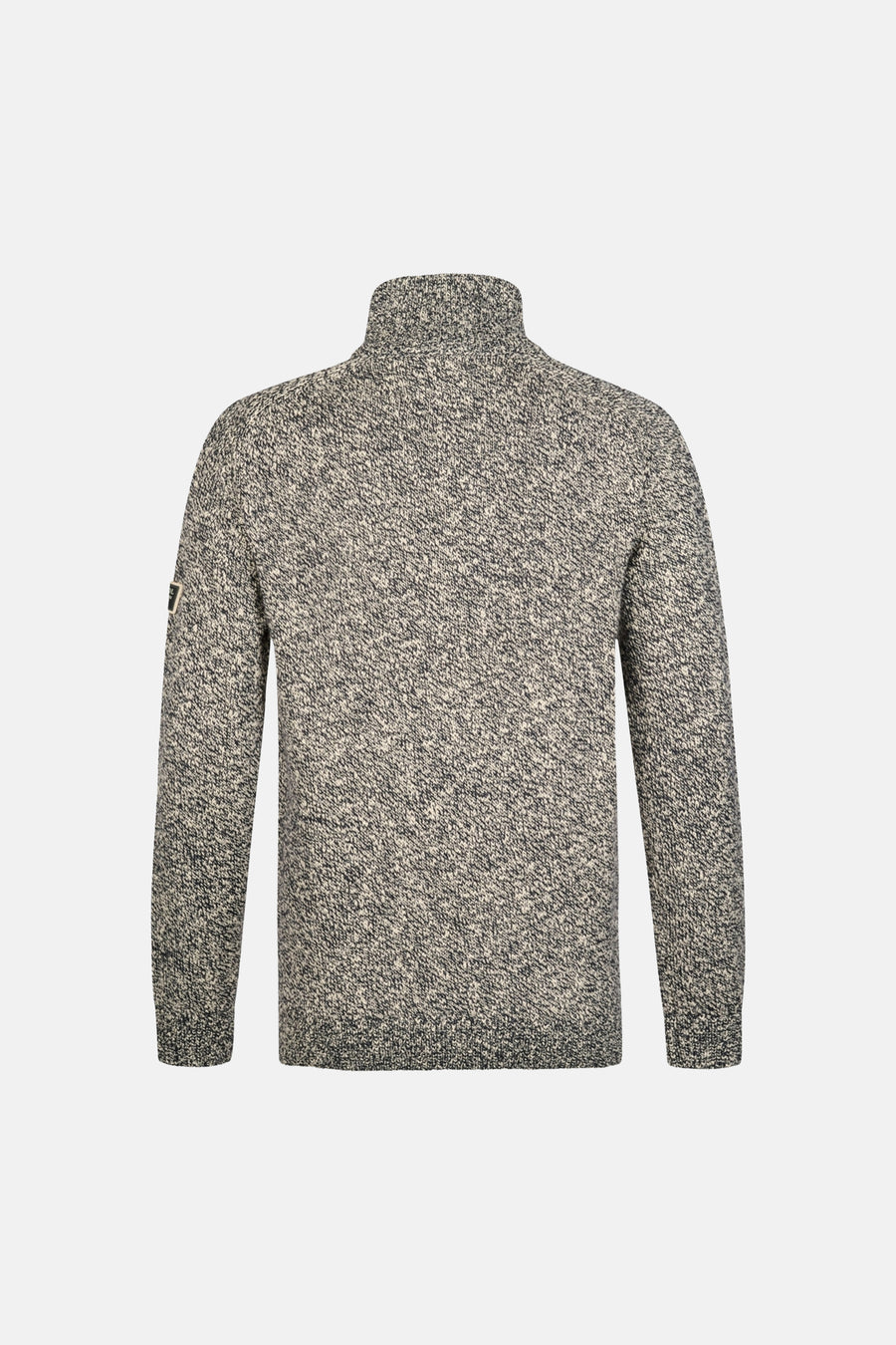 Grey marled turtleneck sweater with ribbed collar and cuffs, back view, small patch on sleeve