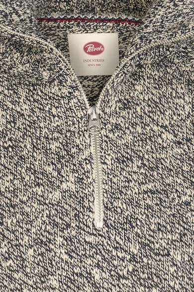 Blue marled knit half-zip sweater by Petrol, featuring textured herringbone pattern and silver zipper, close-up front view