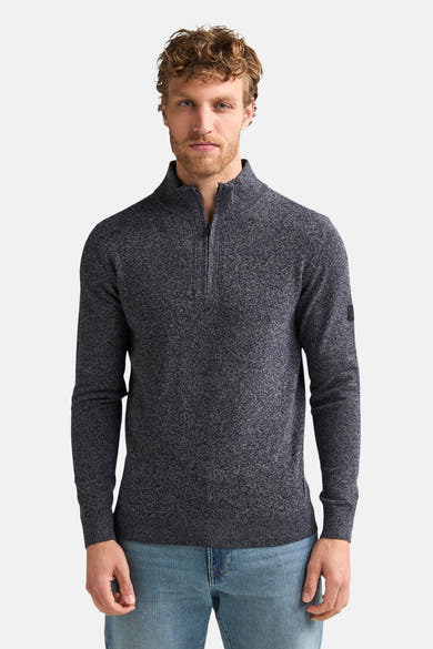 Blue marled knit half-zip sweater with ribbed cuffs and hem, worn by model in front view