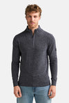 Blue marled knit half-zip sweater with ribbed cuffs and hem, worn by model in front view