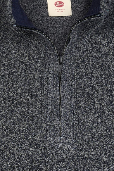 Blue marled knit half-zip sweater by Petre, featuring ribbed collar and front zipper, close-up view