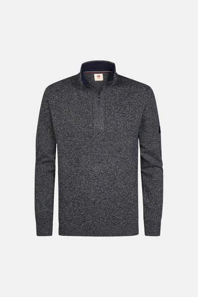 Blue marled knit half-zip sweater with stand-up collar, front zipper, and navy inner lining, shown front view.