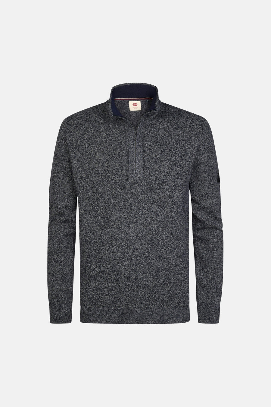 Blue marled knit half-zip sweater with stand-up collar, front zipper, and navy inner lining, shown front view.