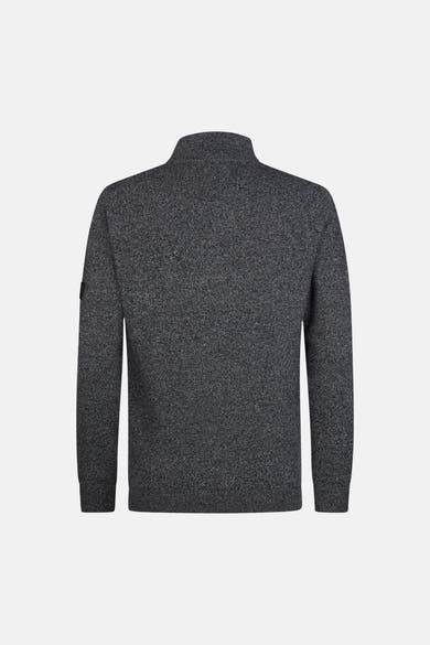 Dark blue marled turtleneck sweater with ribbed cuffs and hem, back view, textured knit fabric