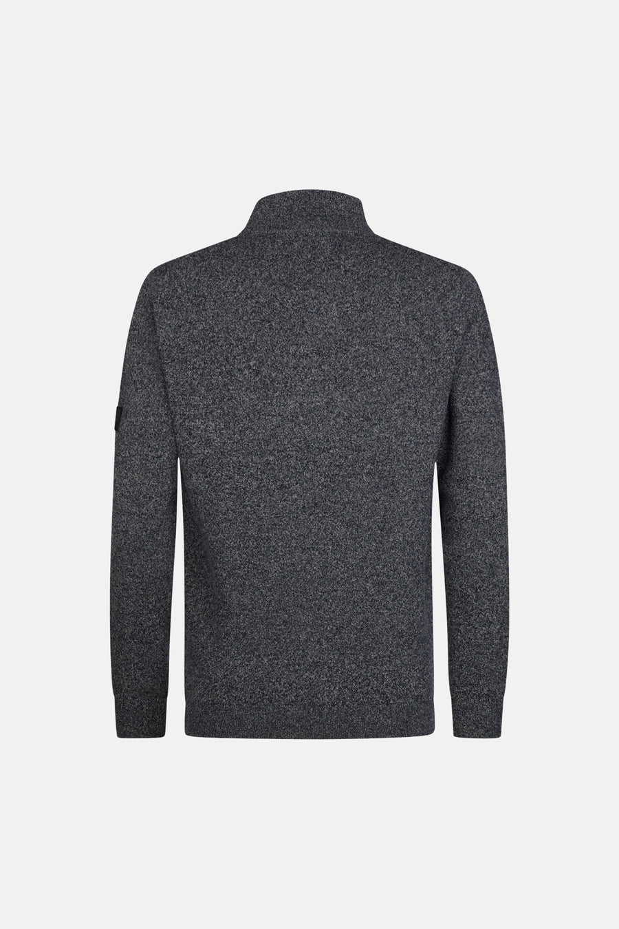 Dark blue marled turtleneck sweater with ribbed cuffs and hem, back view, textured knit fabric
