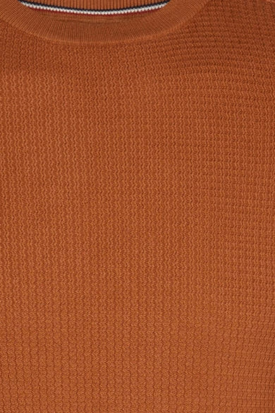 Rust-colored ribbed knit crewneck sweater with striped trim at neckline, close-up front view