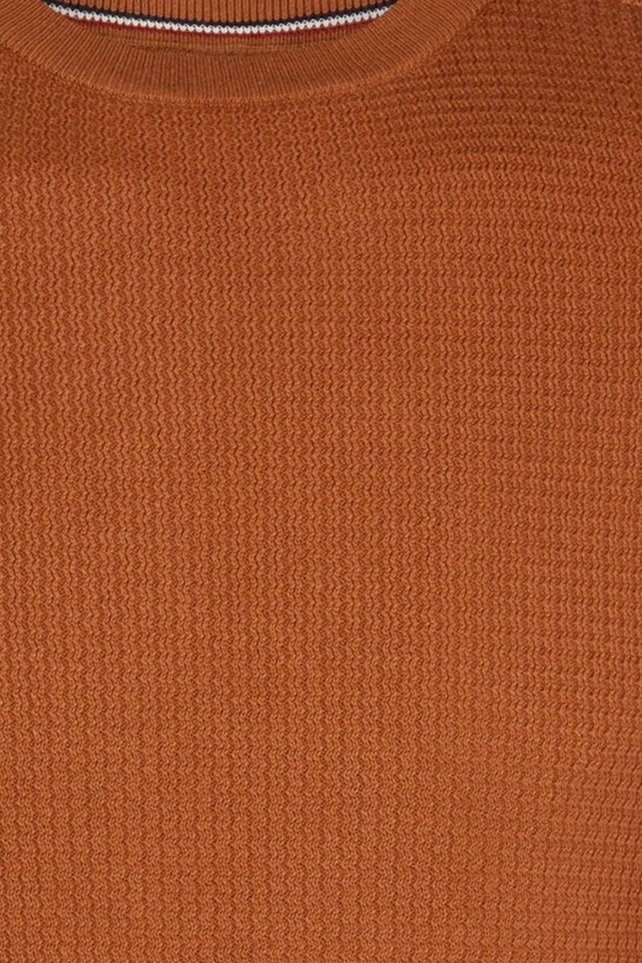 Rust-colored ribbed knit crewneck sweater with striped trim at neckline, close-up front view