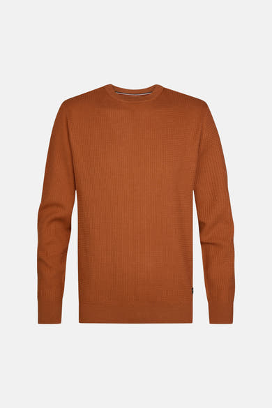 Rust-colored ribbed knit crewneck sweater with textured pattern, front view, long sleeves and ribbed cuffs and hem.