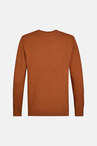 Rust-colored ribbed knit crewneck sweater with textured pattern, back view, long sleeves, ribbed cuffs and hem.