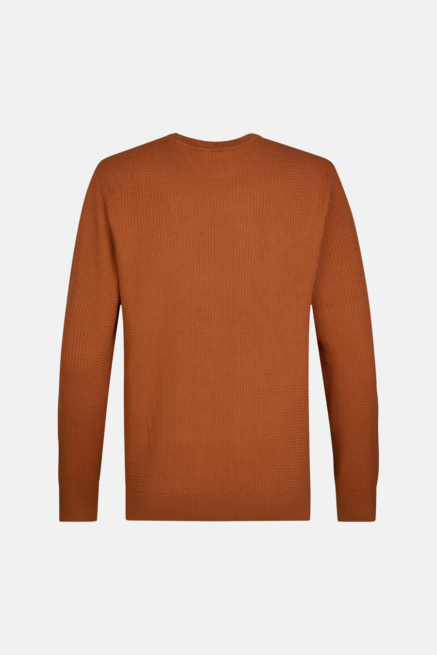 Rust-colored ribbed knit crewneck sweater with textured pattern, back view, long sleeves, ribbed cuffs and hem.