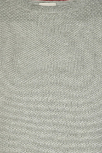 Grey crewneck sweater with fine knit texture, ribbed neckline, and white tag at collar, close-up front view