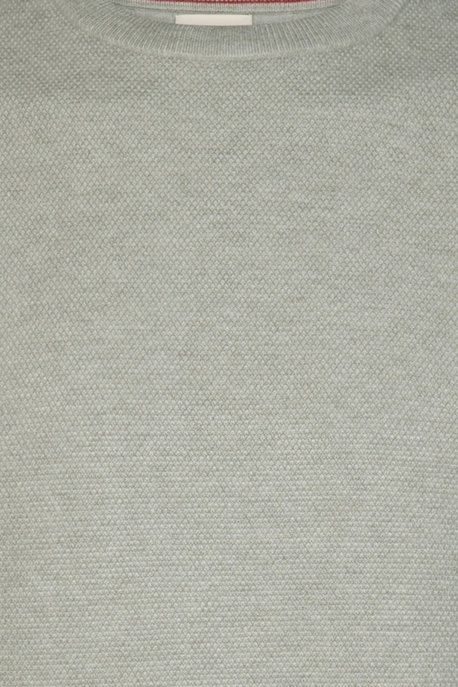 Grey crewneck sweater with fine knit texture, ribbed neckline, and white tag at collar, close-up front view