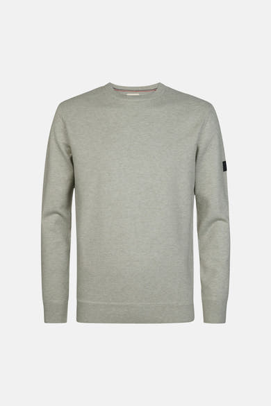 Grey crewneck sweater with textured knit, ribbed cuffs and hem, small black patch on sleeve, front view