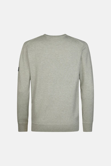 Grey marled crewneck sweater with ribbed cuffs and hem, back view, small black patch on left sleeve