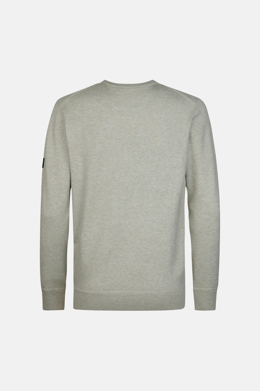 Grey marled crewneck sweater with ribbed cuffs and hem, back view, small black patch on left sleeve