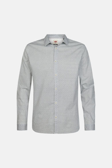 White long-sleeve shirt with subtle geometric pattern by Fynch-Hatton, front view, button-down collar, cream buttons
