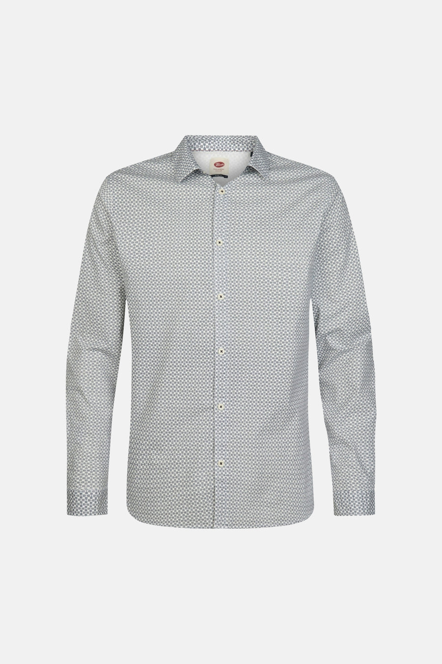 White long-sleeve shirt with subtle geometric pattern by Fynch-Hatton, front view, button-down collar, cream buttons